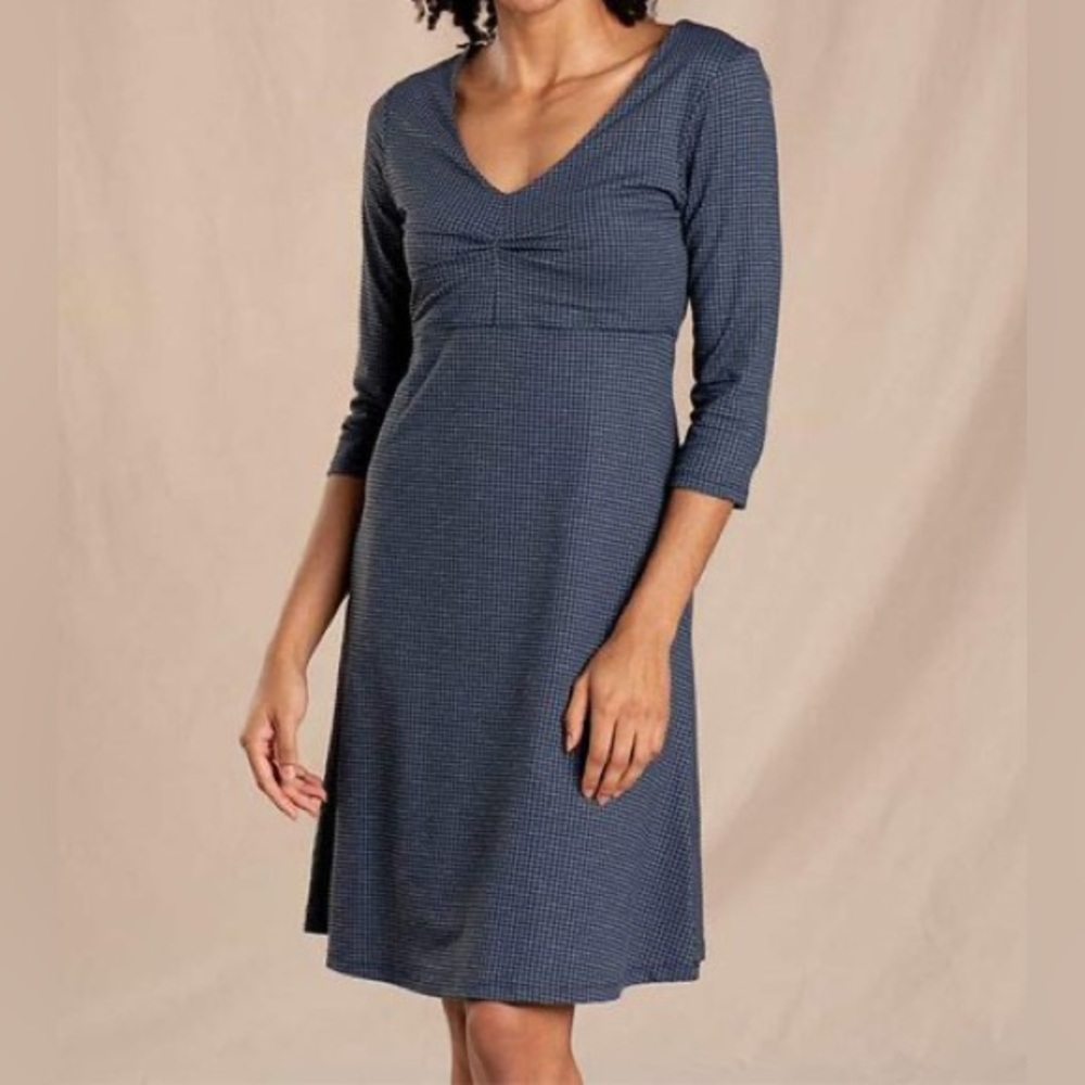 Toad&Co Rosalinda Dress Blue Gray Houndstooth Print